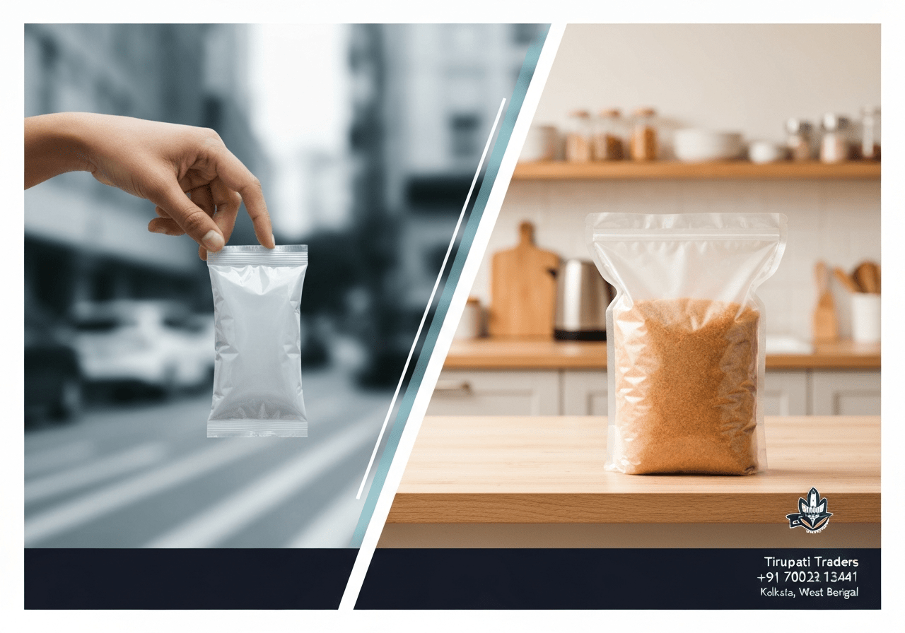 Compare single-stick sachets & family packs to meet diverse consumer needs. Find the perfect packaging solutions at Tirupati Traders!