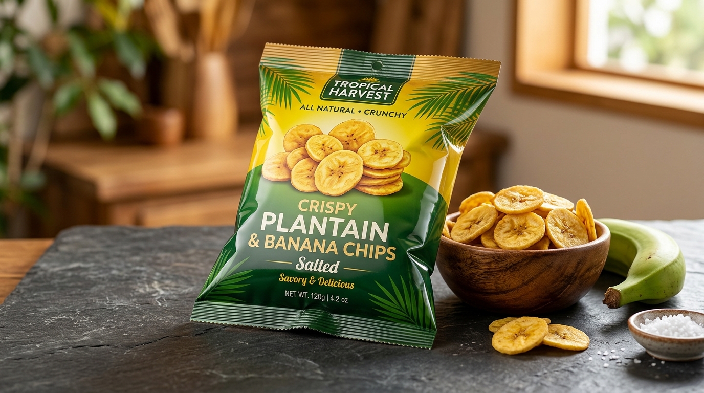 Multi-layer barrier metallized packaging pouch for crispy banana chips and plantain crisps