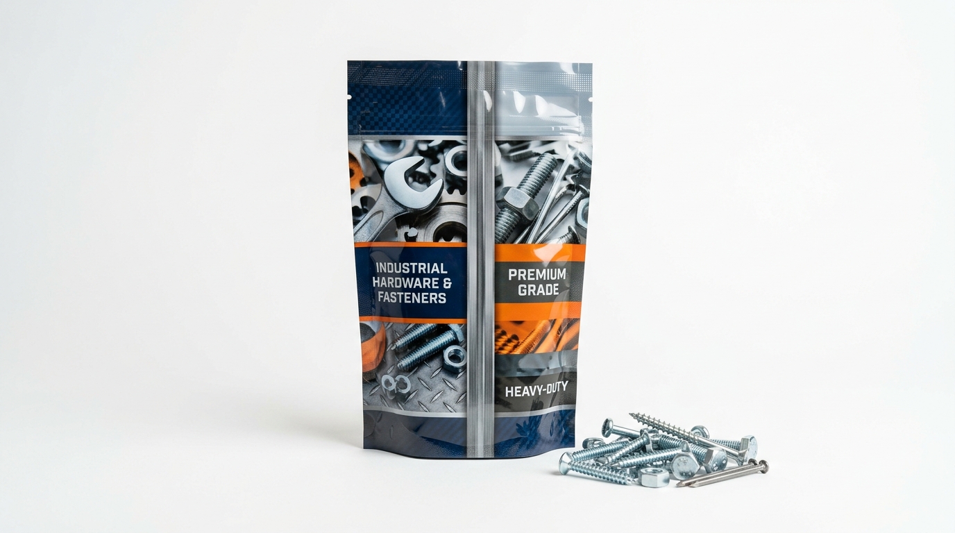 Heavy-duty multi-layer laminated packaging pouch for hardware, nails, and fasteners