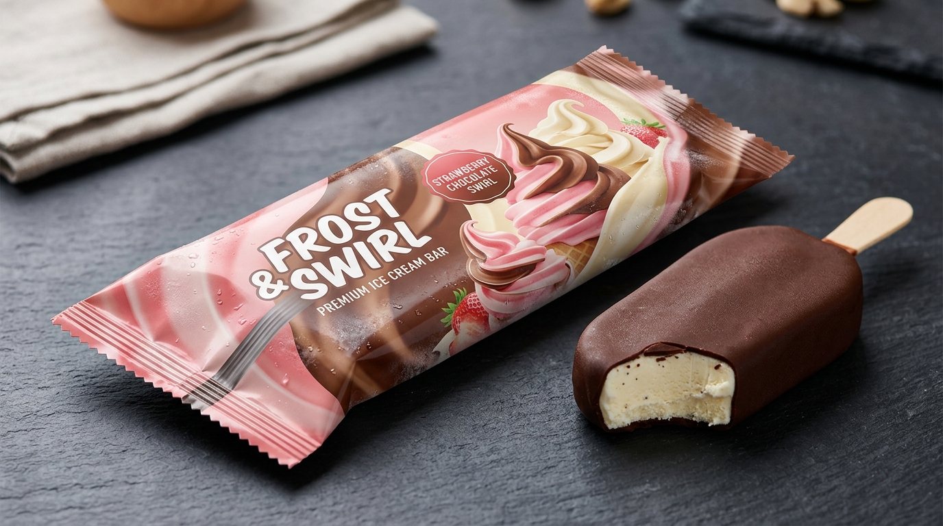 Cold-resistant multi-layer barrier flow-wrap packaging pouch for ice cream and frozen desserts