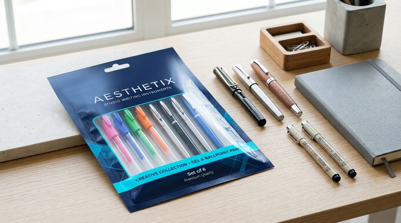High-clarity scratch-resistant multi-layer laminated packaging pouch for stationery pens and writing instruments