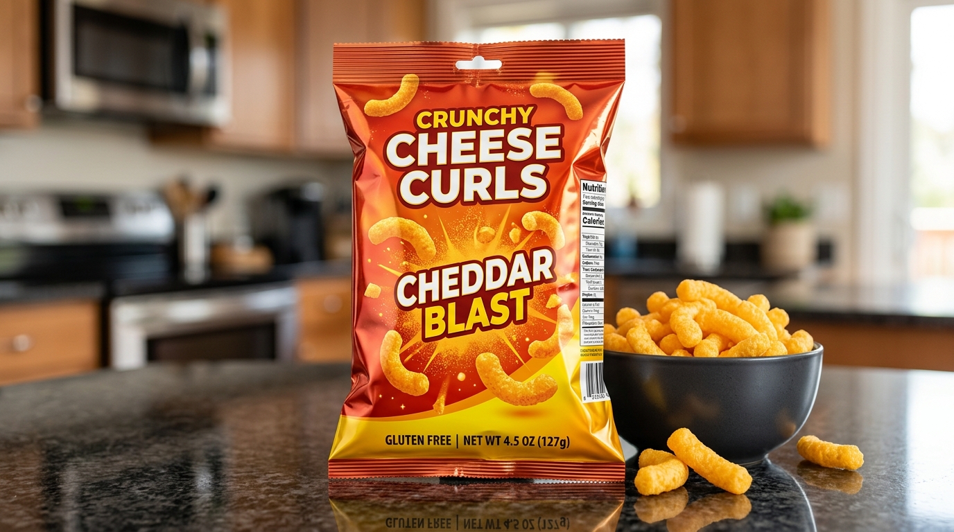 Multi-layer barrier metallized nitrogen-flushed packaging pouch for extruded corn puffs and cheese snacks